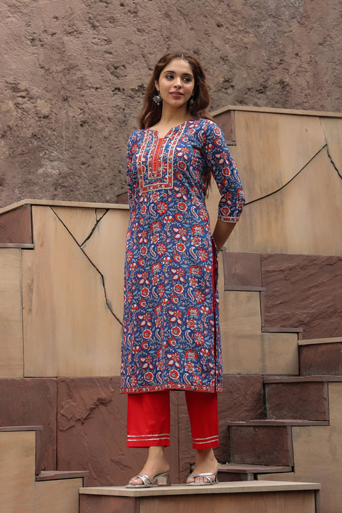 Floral Printed Notch Neck Thread Work Pure Cotton A-Line Kurta